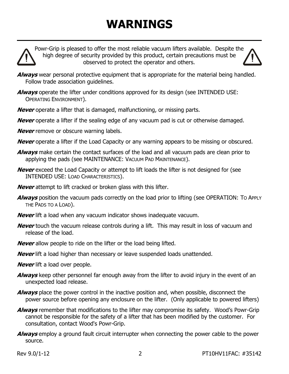 Warnings | Wood’s Powr-Grip PT10FS10TAC User Manual | Page 4 / 25