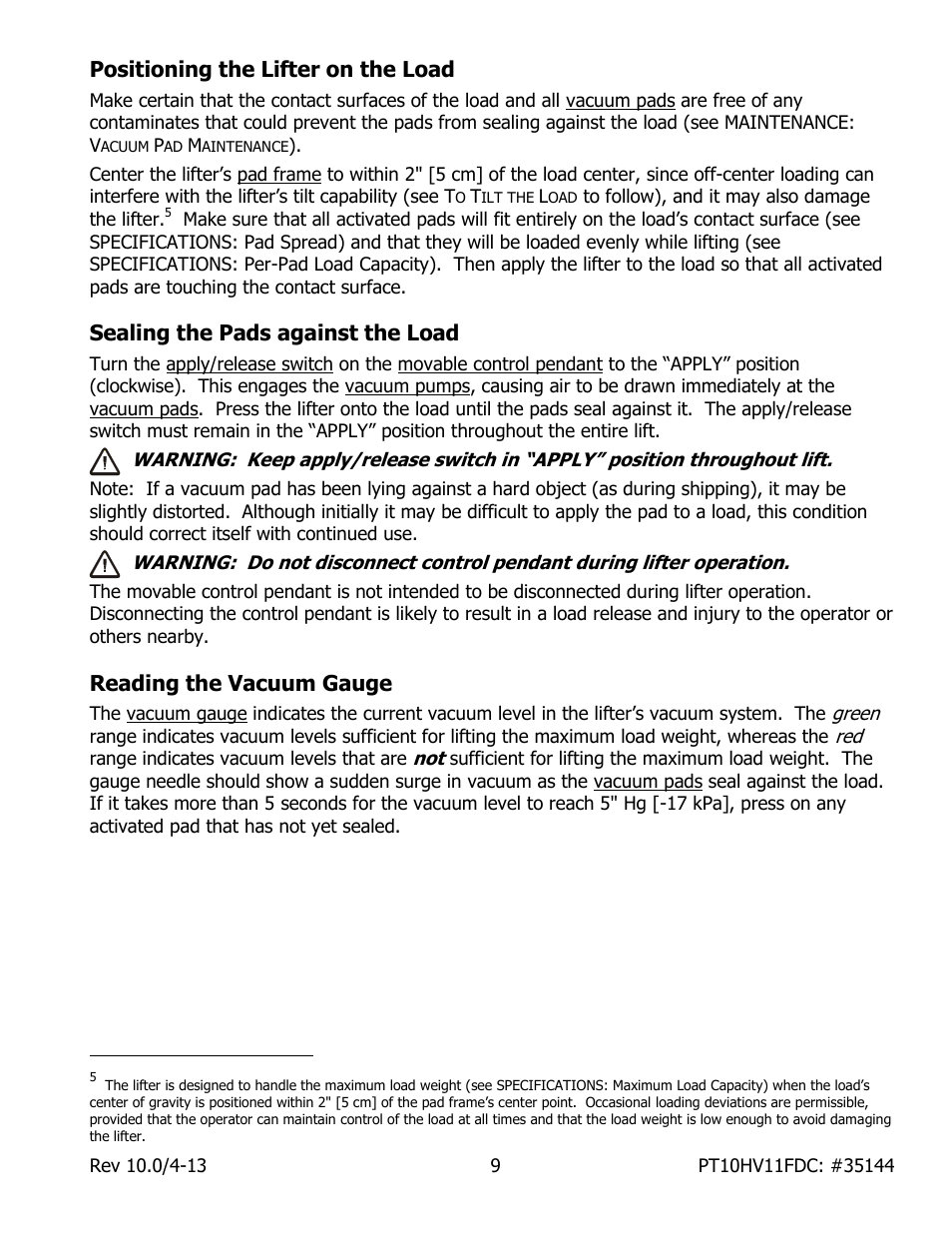 Positioning the lifter on the load, Sealing the pads against the load, Reading the vacuum gauge | Wood’s Powr-Grip PT10FS10TDC User Manual | Page 11 / 29