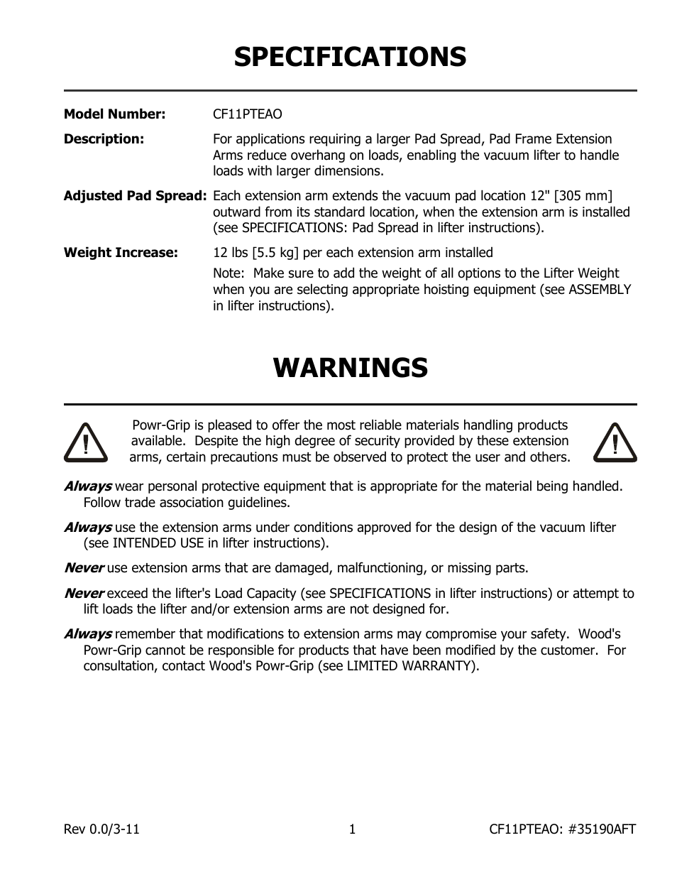 Specifications, Warnings | Wood’s Powr-Grip CF11PTEAO User Manual | Page 3 / 7