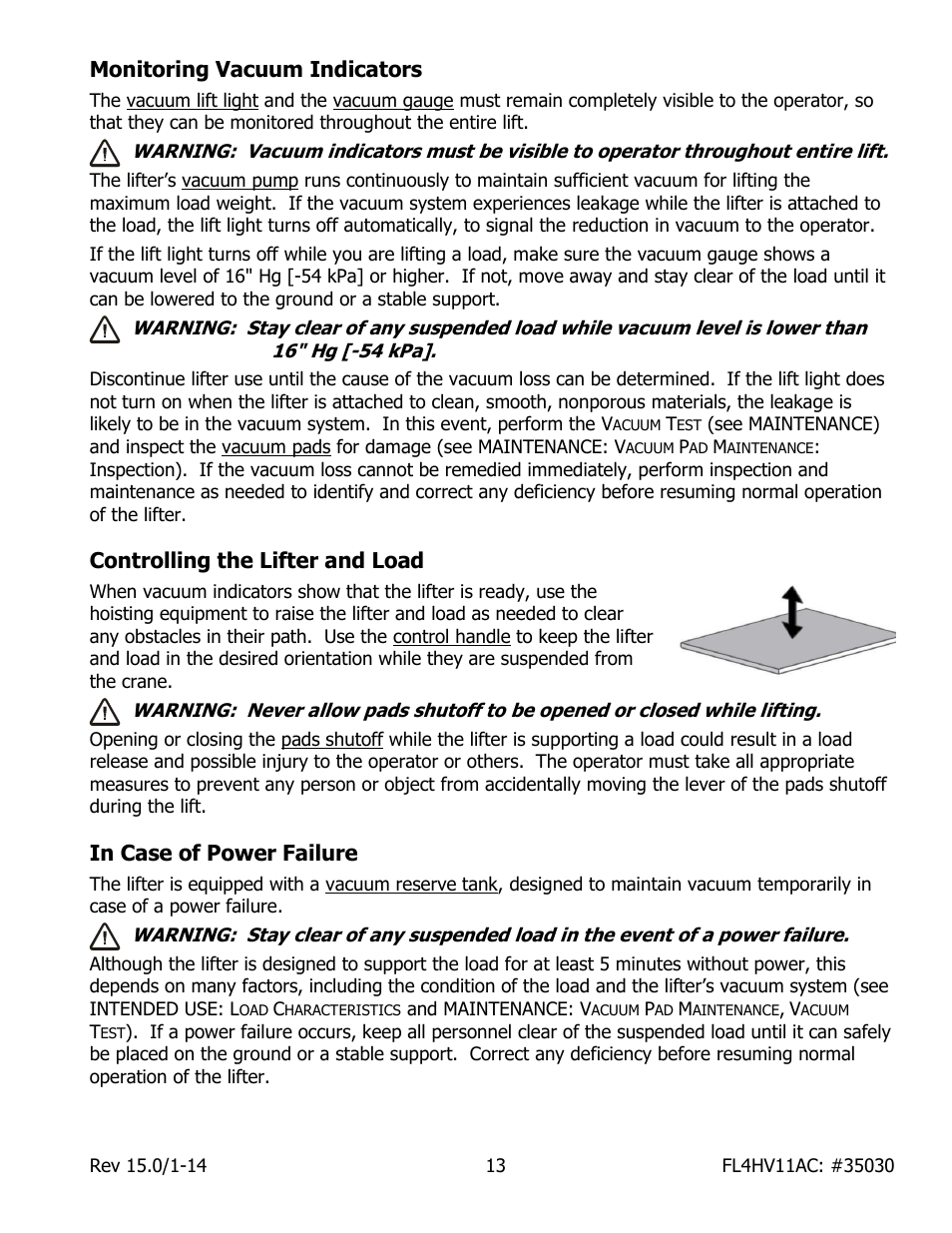 Monitoring vacuum indicators, Controlling the lifter and load, In case of power failure | Wood’s Powr-Grip FL4HV11AC User Manual | Page 15 / 27