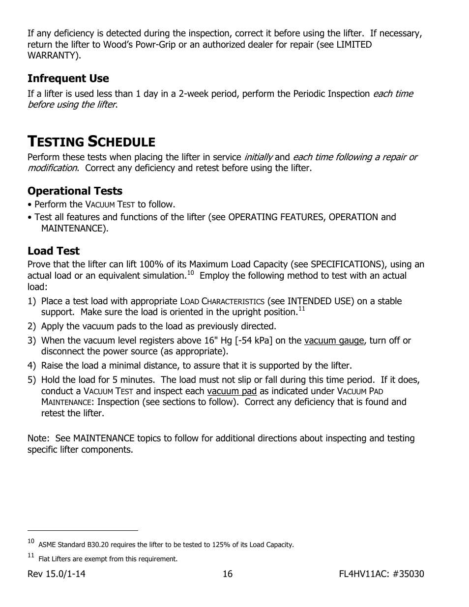 Infrequent use, Esting, Chedule | Operational tests, Load test | Wood’s Powr-Grip FL4HV11AC User Manual | Page 18 / 27