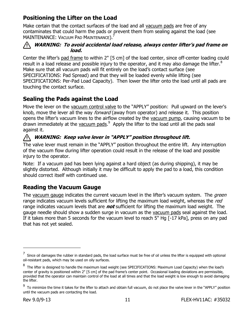 Positioning the lifter on the load, Sealing the pads against the load, Reading the vacuum gauge | Wood’s Powr-Grip FLEX5HV11AC User Manual | Page 13 / 29