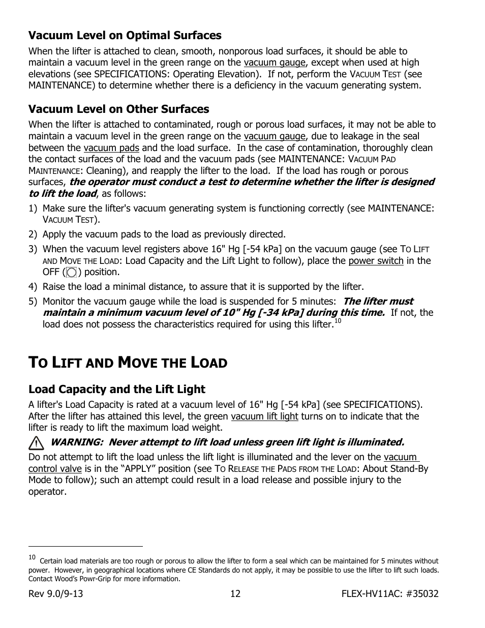 Vacuum level on optimal surfaces, Vacuum level on other surfaces, Ift and | Ove the, Load capacity and the lift light | Wood’s Powr-Grip FLEX5HV11AC User Manual | Page 14 / 29