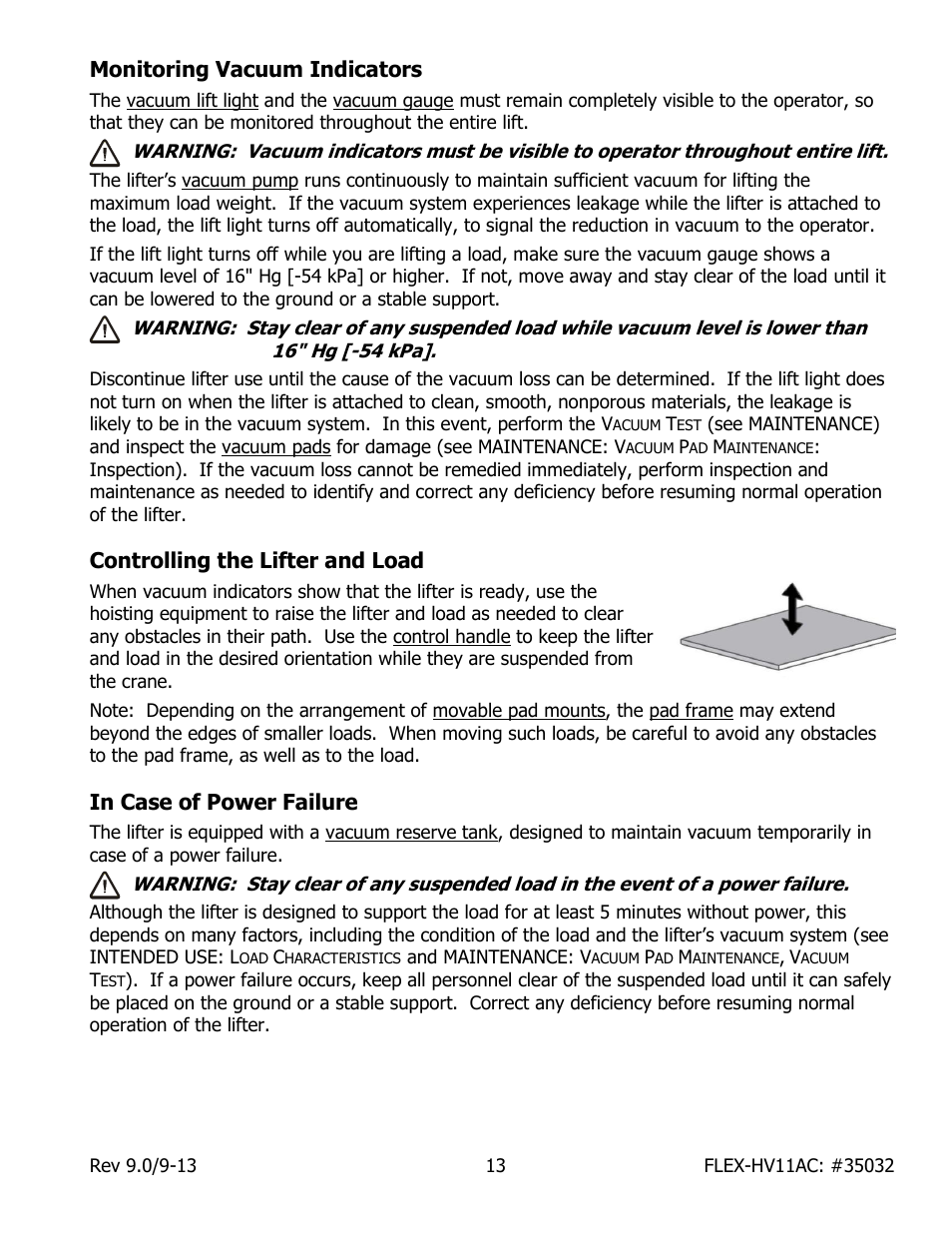 Monitoring vacuum indicators, Controlling the lifter and load, In case of power failure | Wood’s Powr-Grip FLEX5HV11AC User Manual | Page 15 / 29