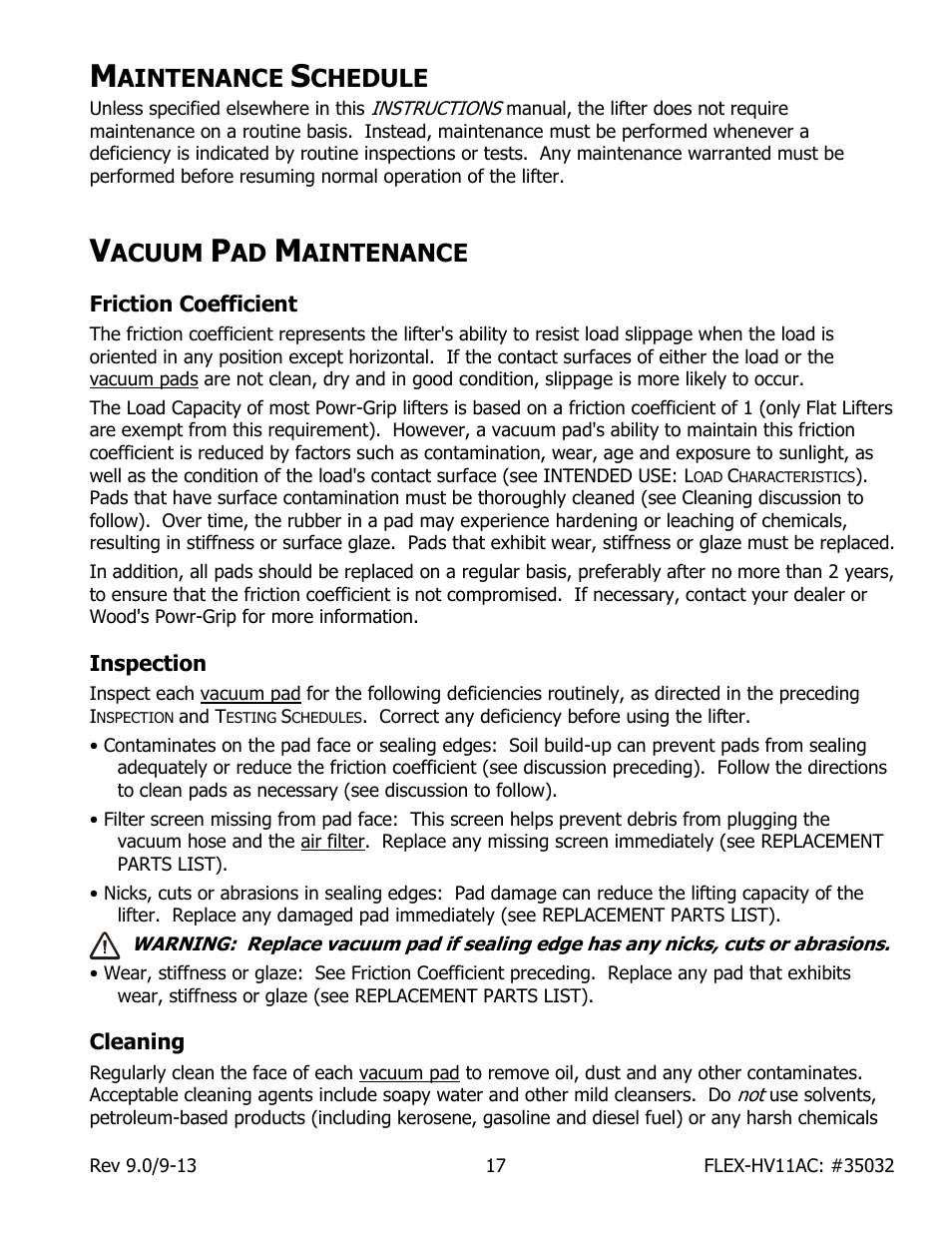 Aintenance, Chedule, Acuum | Friction coefficient, Inspection, Cleaning | Wood’s Powr-Grip FLEX5HV11AC User Manual | Page 19 / 29
