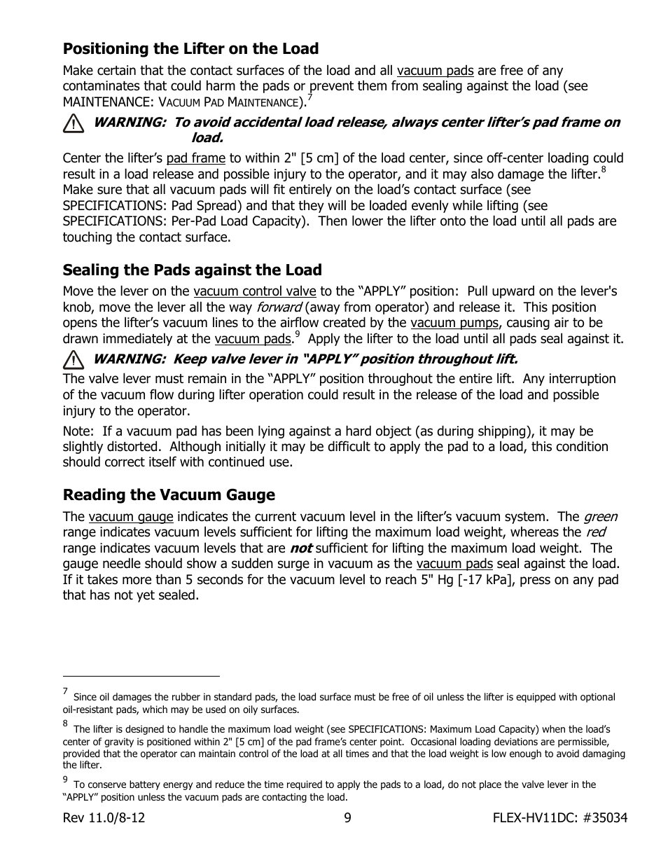 Positioning the lifter on the load, Sealing the pads against the load, Reading the vacuum gauge | Wood’s Powr-Grip FLEX5HV11DC User Manual | Page 11 / 27