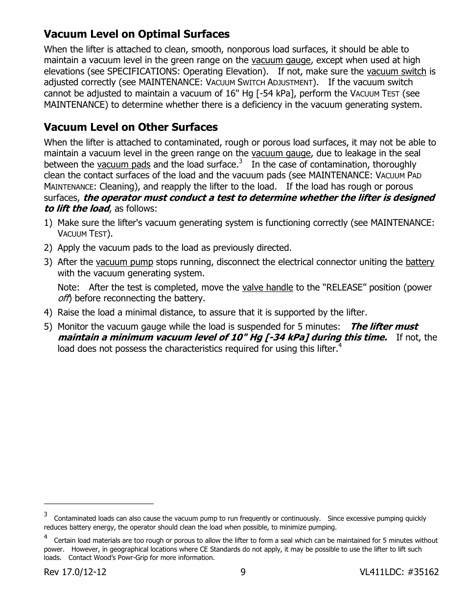 Vacuum level on optimal surfaces, Vacuum level on other surfaces | Wood’s Powr-Grip VL411LDC User Manual | Page 11 / 27