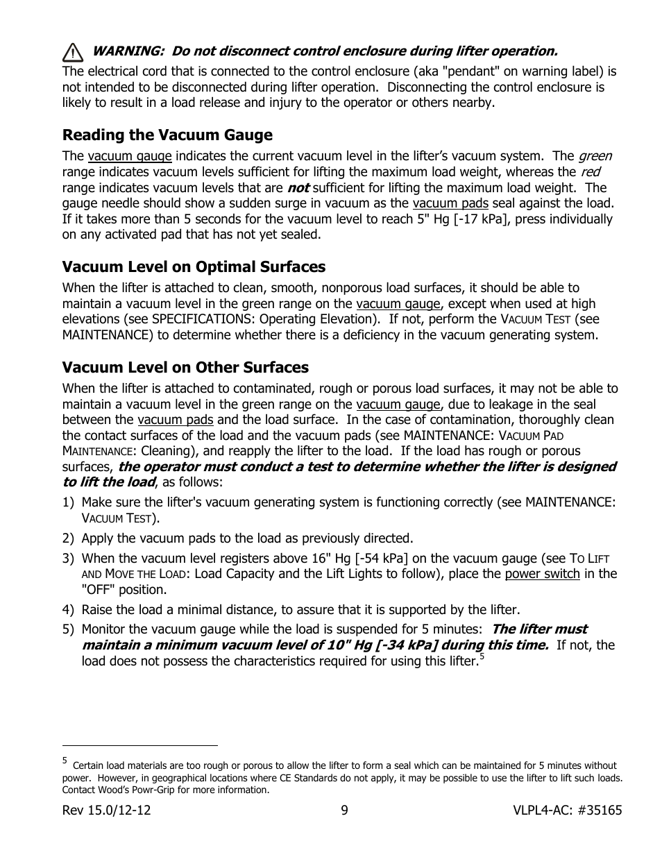 Reading the vacuum gauge, Vacuum level on optimal surfaces, Vacuum level on other surfaces | Wood’s Powr-Grip VLPL411LAC User Manual | Page 11 / 23