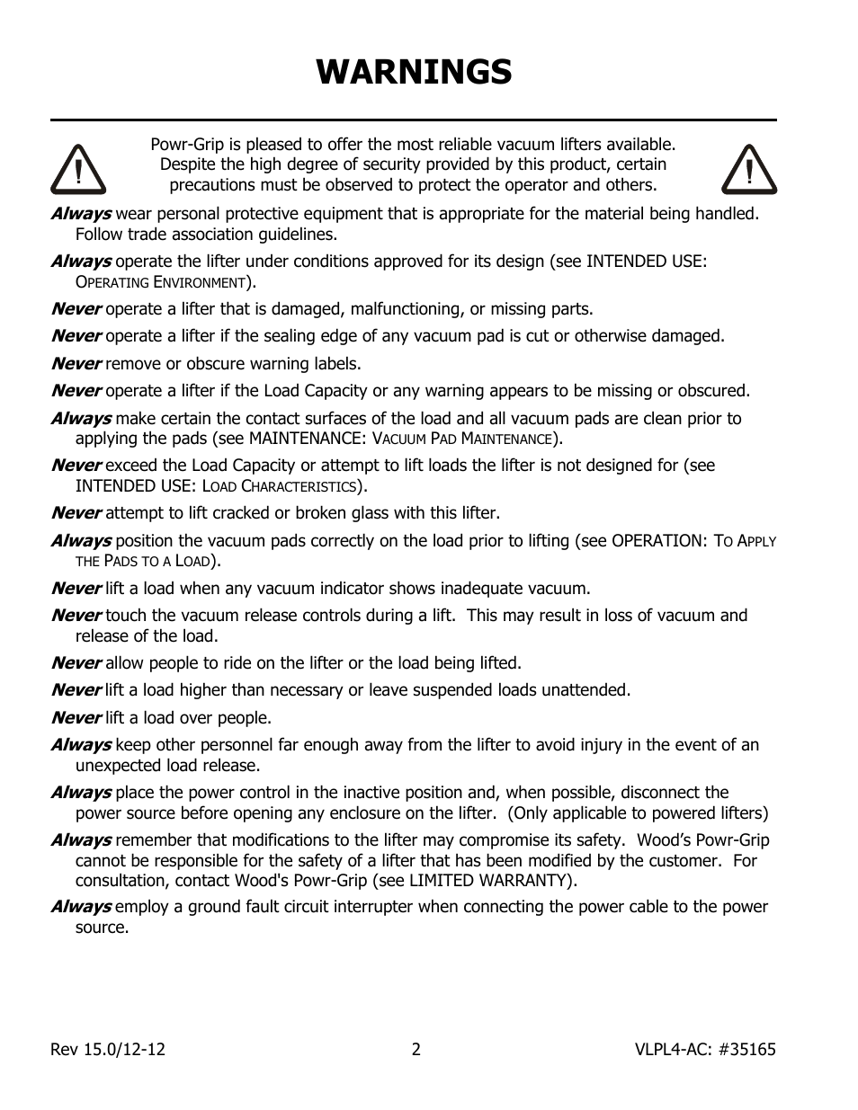 Warnings | Wood’s Powr-Grip VLPL411LAC User Manual | Page 4 / 23