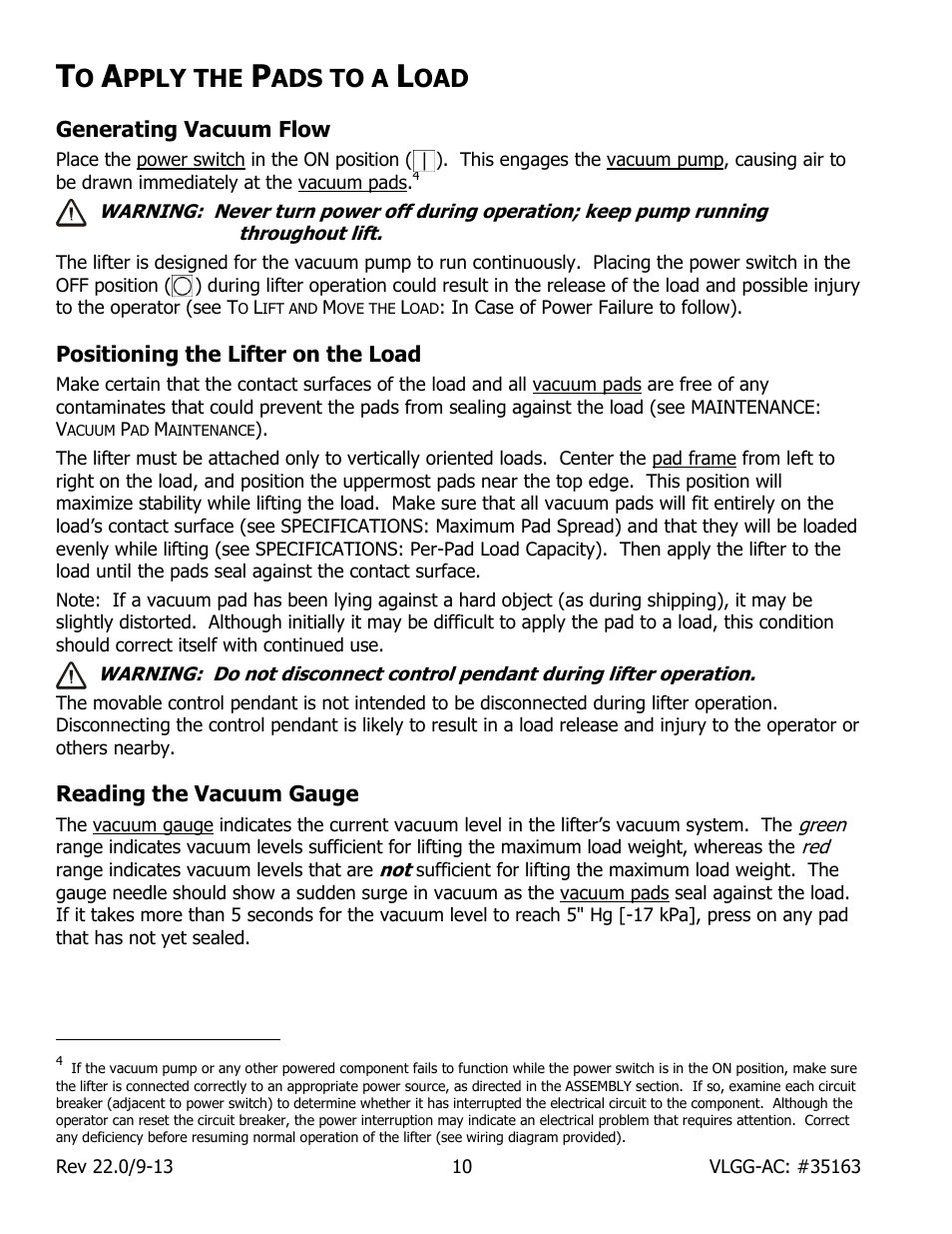 Pply the, Ads to a, Generating vacuum flow | Positioning the lifter on the load, Reading the vacuum gauge | Wood’s Powr-Grip VLGG1011LAC User Manual | Page 12 / 30