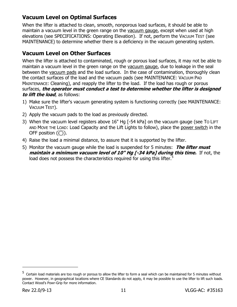 Vacuum level on optimal surfaces, Vacuum level on other surfaces | Wood’s Powr-Grip VLGG1011LAC User Manual | Page 13 / 30