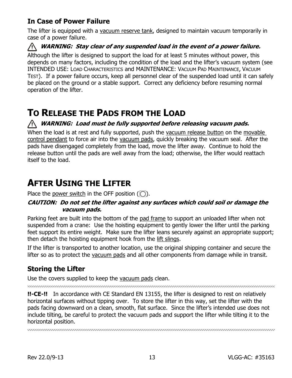 In case of power failure, Elease the, Ads from the | Fter, Sing the, Ifter, Storing the lifter | Wood’s Powr-Grip VLGG1011LAC User Manual | Page 15 / 30