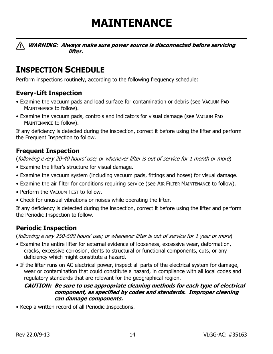 Maintenance, Nspection, Chedule | Every-lift inspection, Frequent inspection, Periodic inspection | Wood’s Powr-Grip VLGG1011LAC User Manual | Page 16 / 30