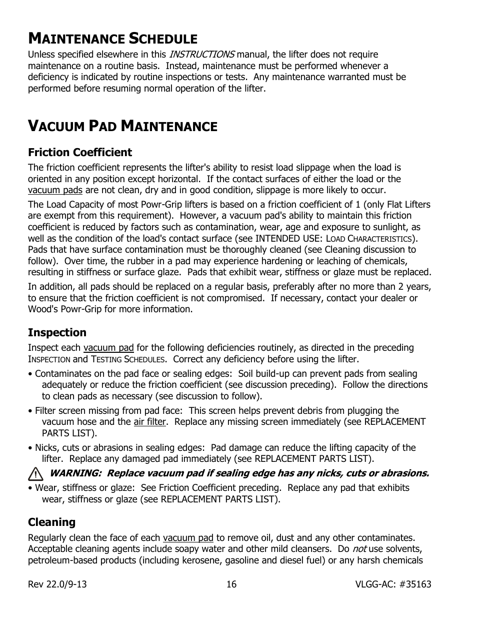 Aintenance, Chedule, Acuum | Friction coefficient, Inspection, Cleaning | Wood’s Powr-Grip VLGG1011LAC User Manual | Page 18 / 30