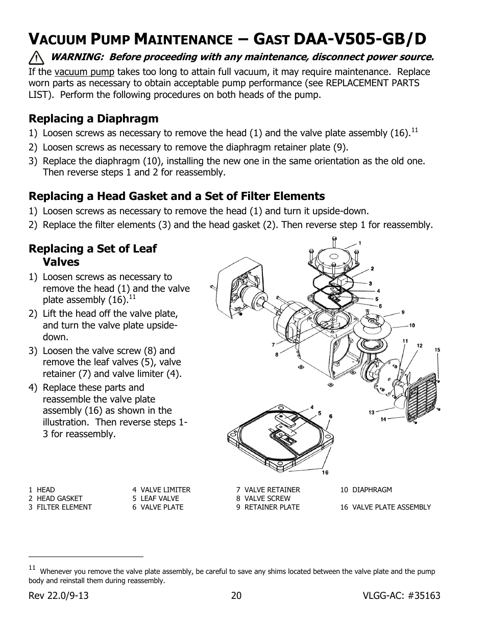 Acuum, Aintenance, Daa-v505-gb/d | Replacing a diaphragm, Replacing a set of leaf valves | Wood’s Powr-Grip VLGG1011LAC User Manual | Page 22 / 30