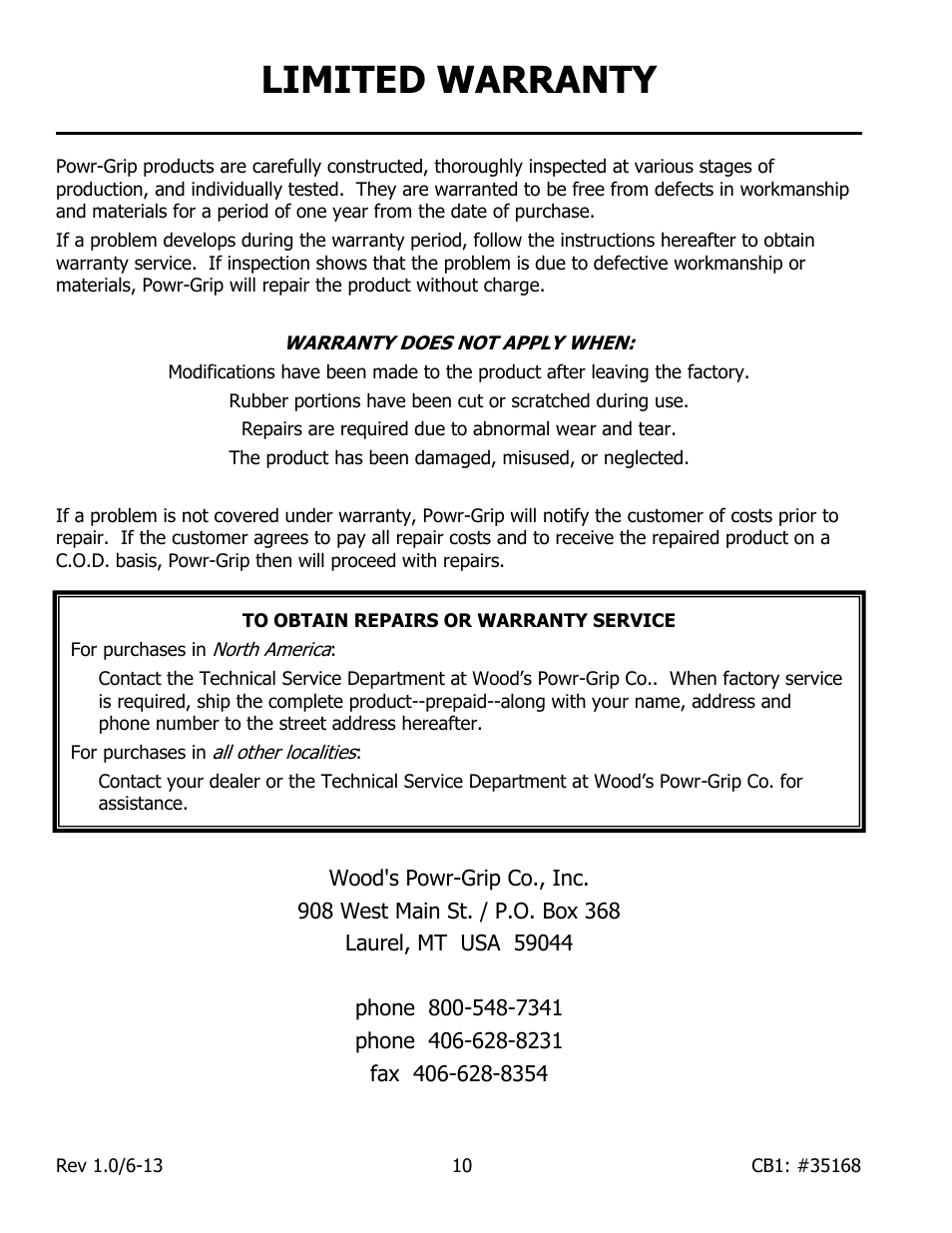 Limited warranty | Wood’s Powr-Grip CB1 User Manual | Page 12 / 12