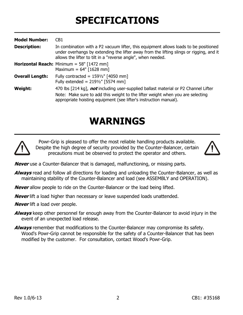 Specifications, Warnings | Wood’s Powr-Grip CB1 User Manual | Page 4 / 12