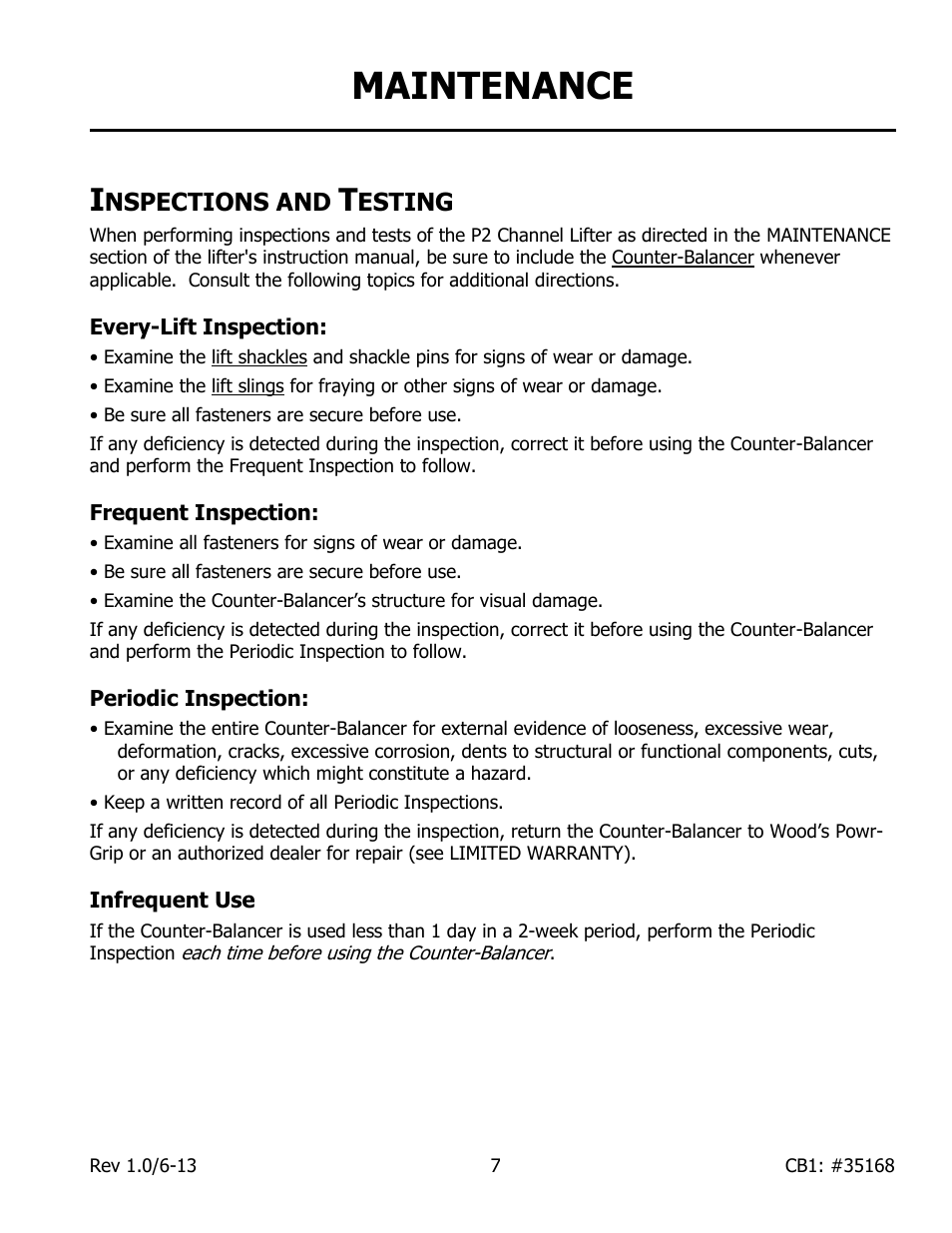 Nspections and, Esting, Every-lift inspection | Frequent inspection, Periodic inspection, Infrequent use, Maintenance | Wood’s Powr-Grip CB1 User Manual | Page 9 / 12