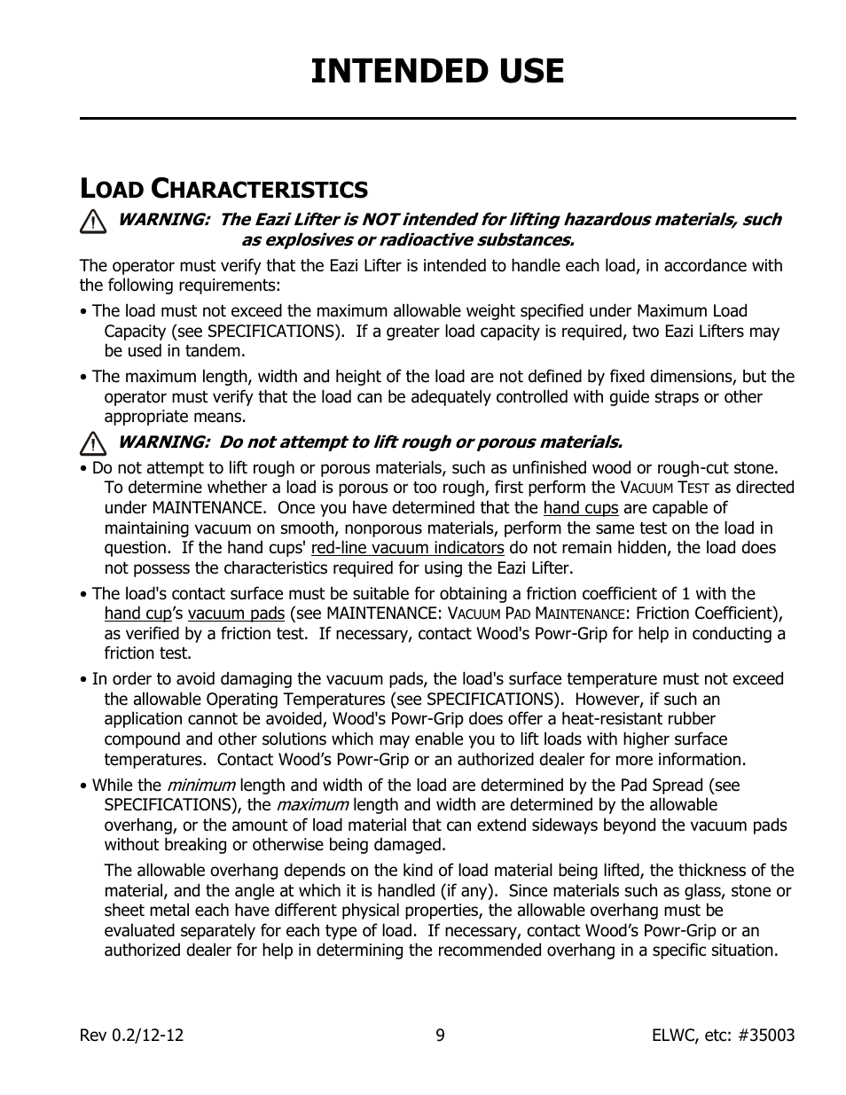 Intended use, Haracteristics | Wood’s Powr-Grip EL Series User Manual | Page 11 / 26