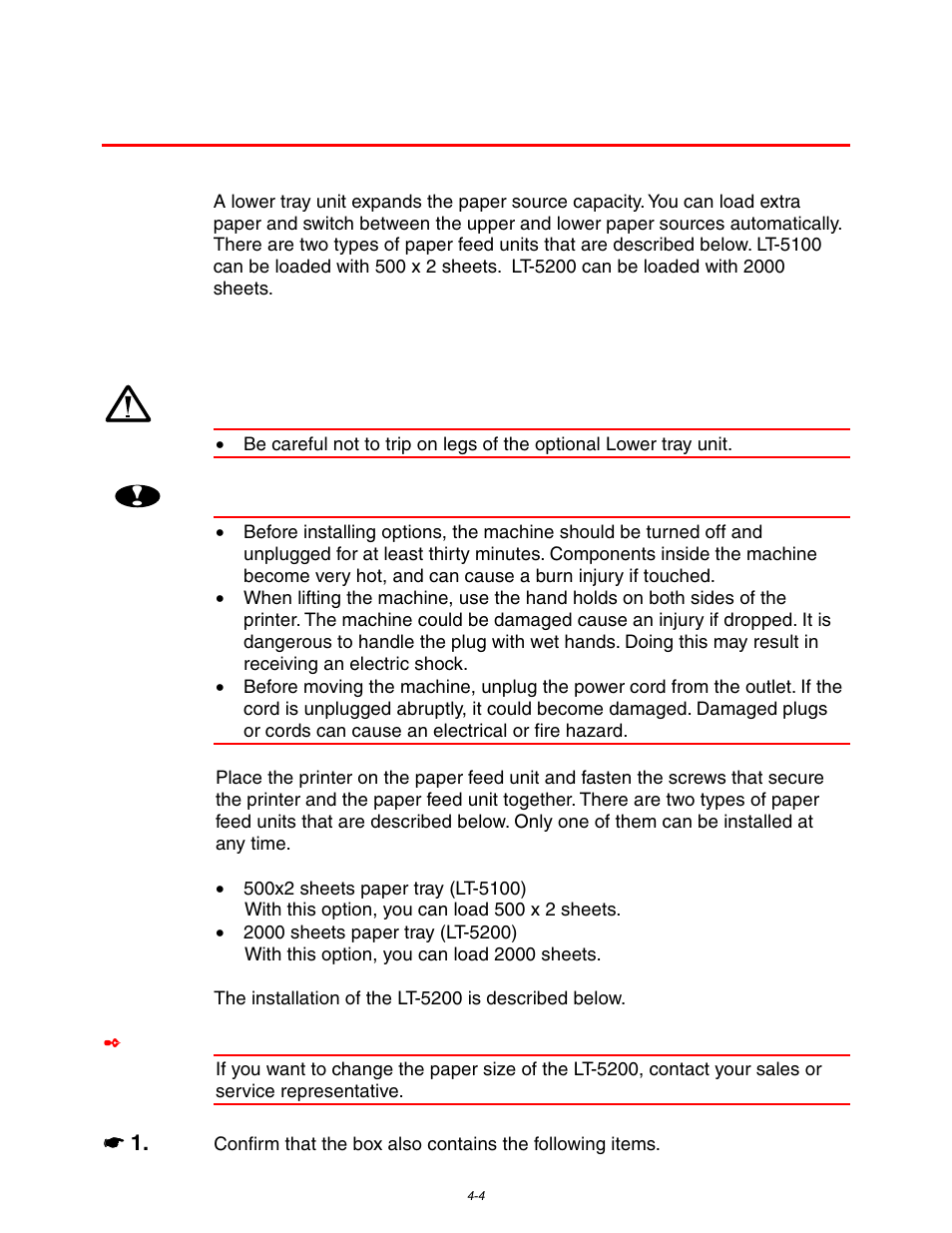 Lower tray unit (lt-5100, lt-5200), Installing the lower paper tray, Installing the lower paper tray -4 | For information about the, See “installing the lower paper tray” in, This chapter | Brother HL-3260N User Manual | Page 127 / 276