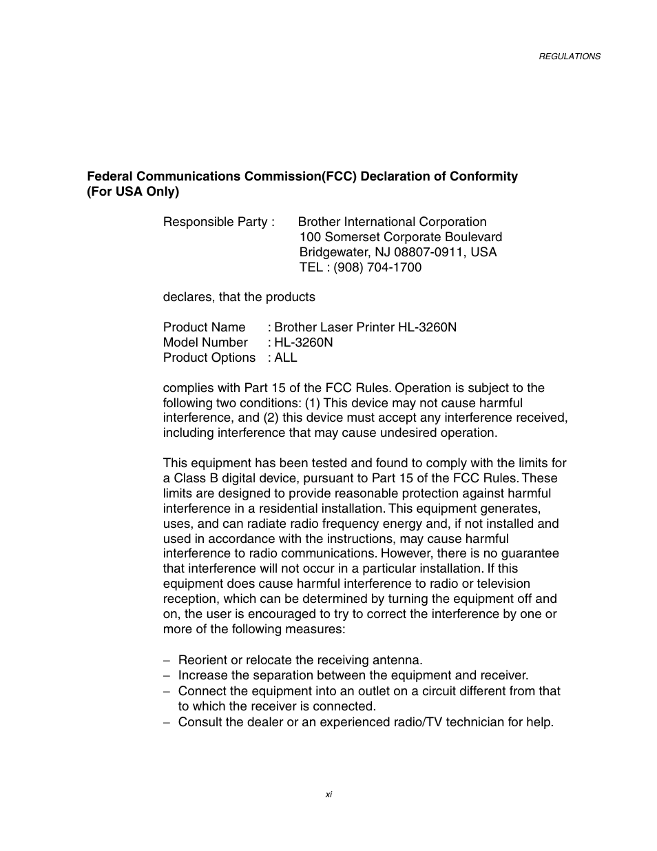 Important information: regulations | Brother HL-3260N User Manual | Page 15 / 276