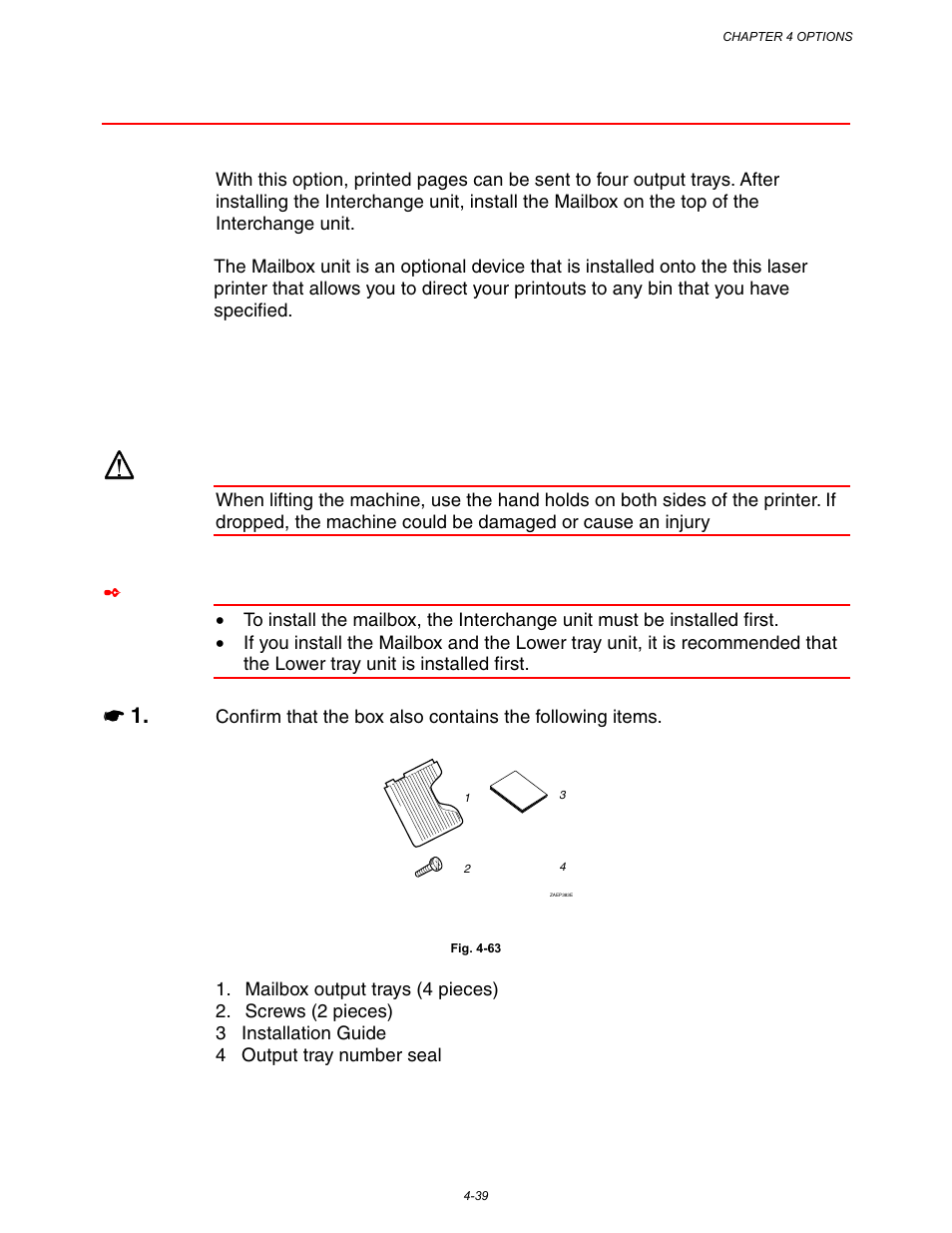 Mailbox unit (mx-5000), Installing the mailbox, Installing the mailbox -39 | Installing the mailbox” in this chapter | Brother HL-3260N User Manual | Page 162 / 276