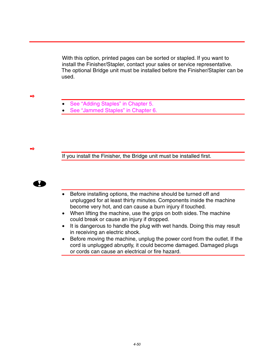 Finisher/stapler (fs-5050), Installing the finisher/stapler, Installing the finisher/stapler -50 | See “installing the, Finisher/stapler” in this chapter | Brother HL-3260N User Manual | Page 173 / 276