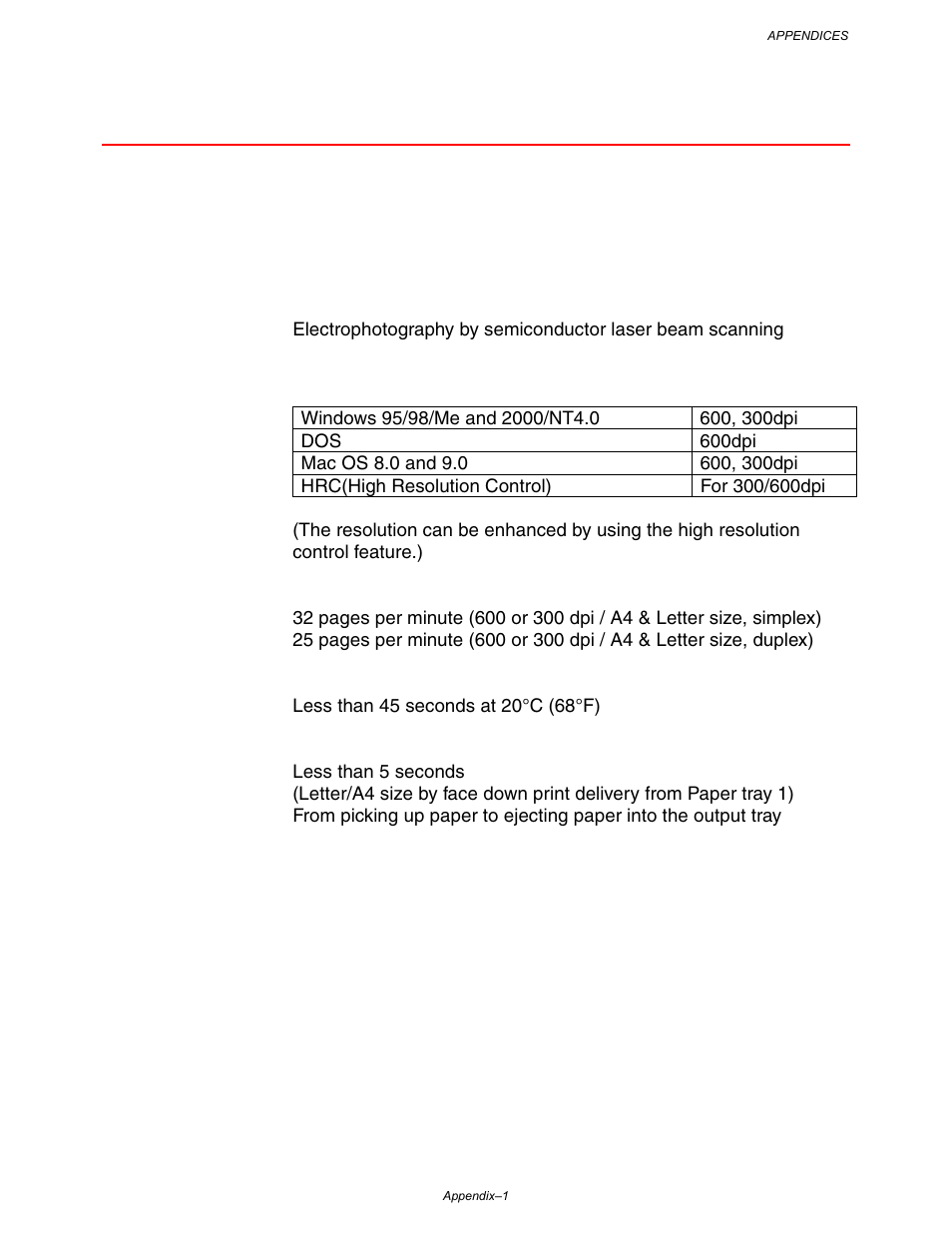 Printer specifications, Printer engine, Appendix-1 | Brother HL-3260N User Manual | Page 243 / 276