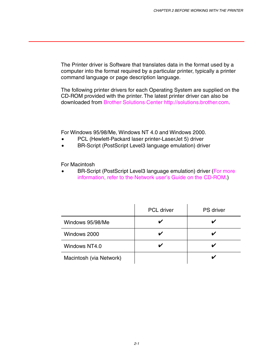 Printer driver, See chapter 2 | Brother HL-3260N User Manual | Page 60 / 276