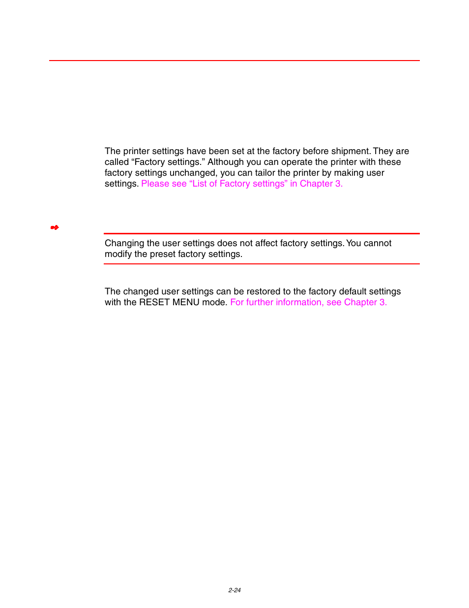 Printer settings, Factory settings, Factory settings -24 | Brother HL-3260N User Manual | Page 83 / 276