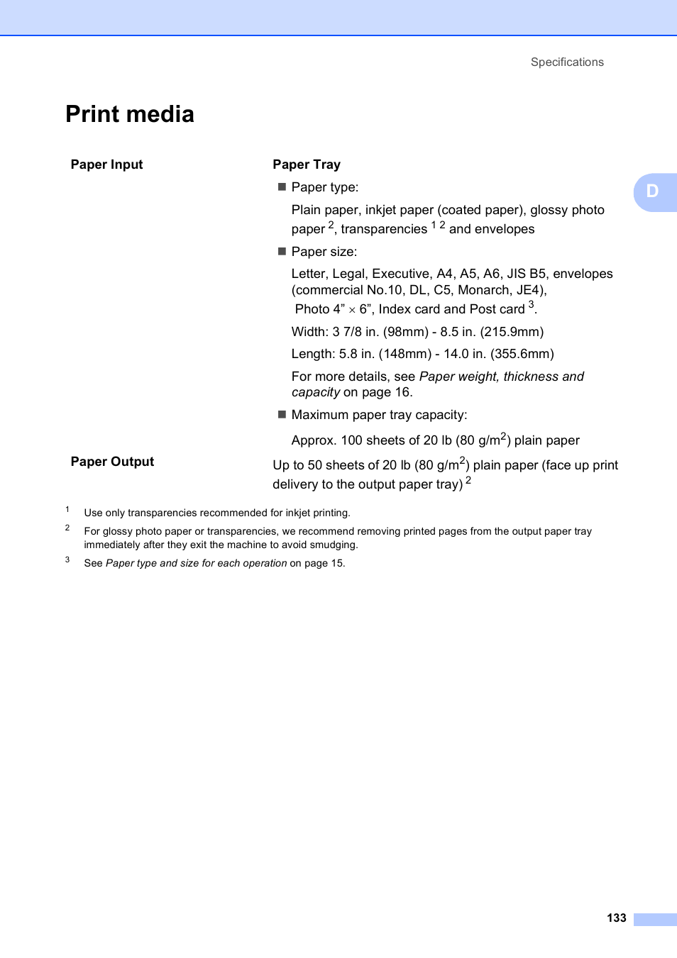 Print media | Brother VERSION 0 MFC-250C User Manual | Page 147 / 168