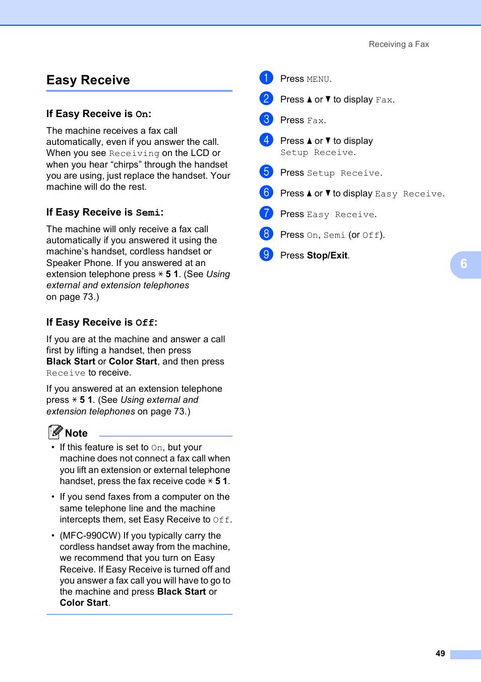 Easy receive, If easy receive is on, If easy receive is semi | If easy receive is off, 6easy receive | Brother MFC-790CW User Manual | Page 65 / 240