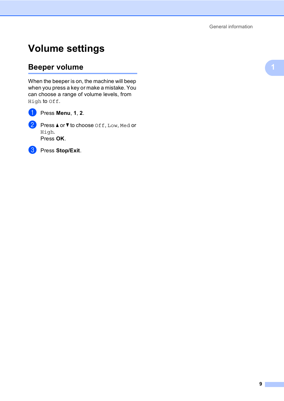 Volume settings, Beeper volume | Brother DCP-9055CDN User Manual | Page 17 / 146