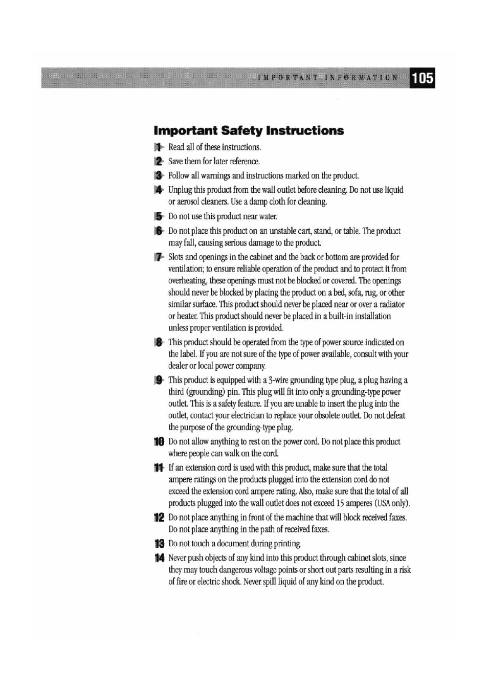 Important safety instructions | Brother MFC7000FC User Manual | Page 113 / 147