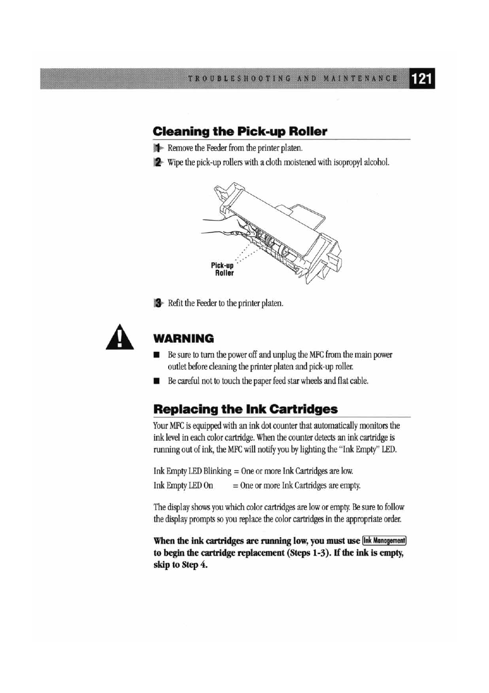 Warning, Cleaning the pick"up roller, Replacing the ink cartridges | Brother MFC7000FC User Manual | Page 129 / 147