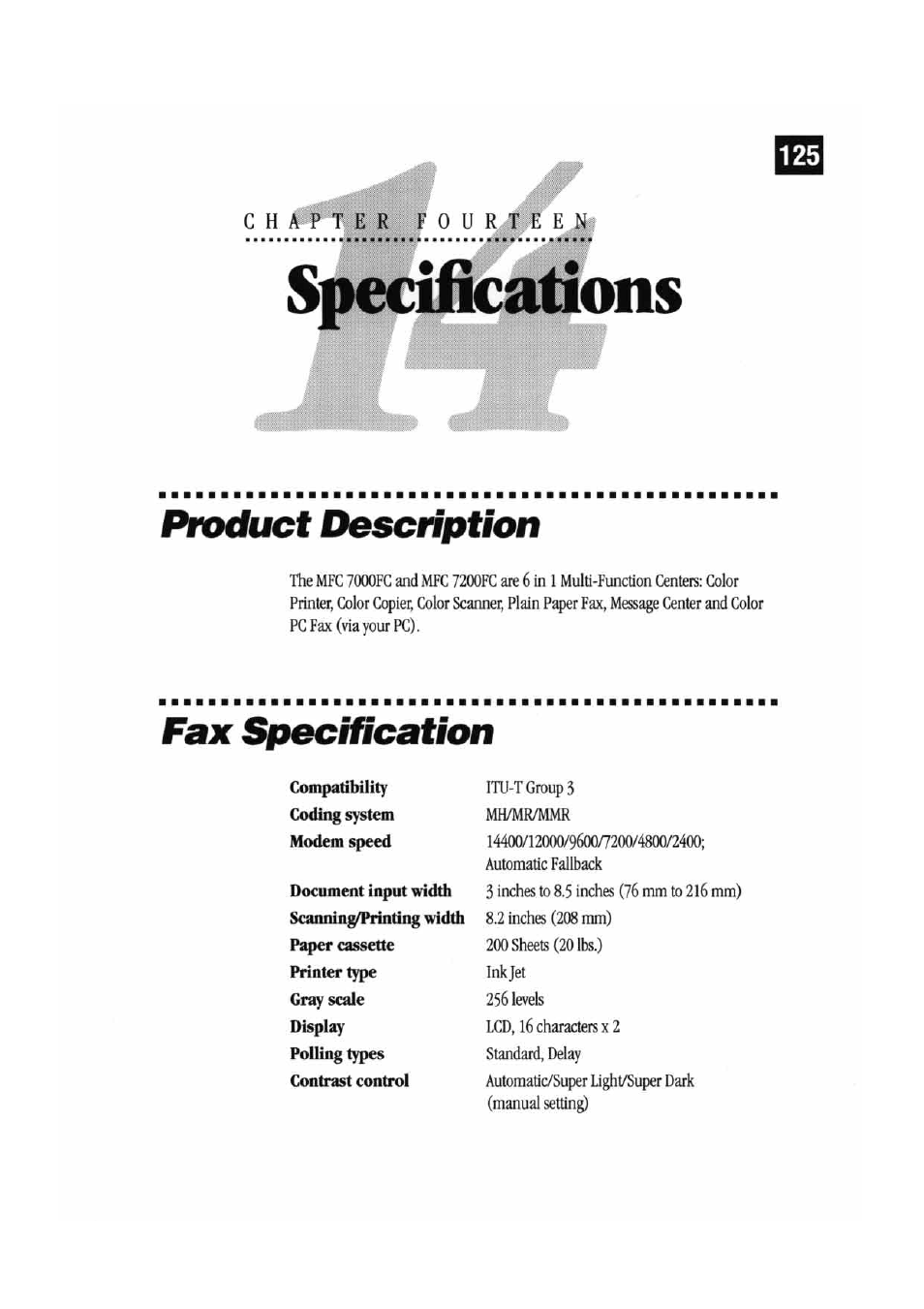 Product description, Fax specification, Product description fax specification | Brother MFC7000FC User Manual | Page 133 / 147