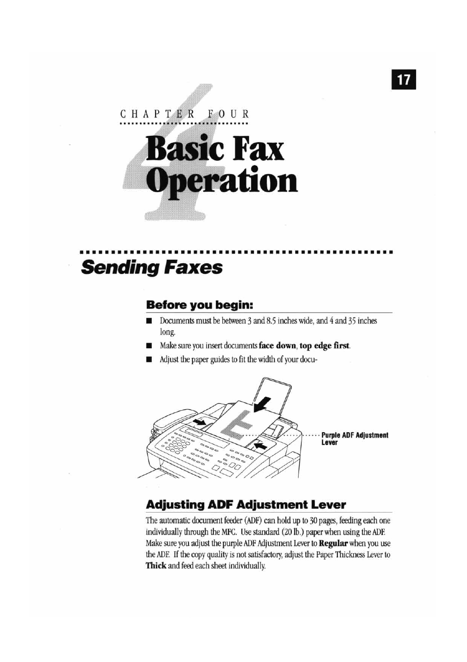 Basic fax operation, Sending faxes, Before you begin | Acuusting adf adjustment lever, Adjusting adf adjustment lever, Basic copy operations | Brother MFC7000FC User Manual | Page 25 / 147