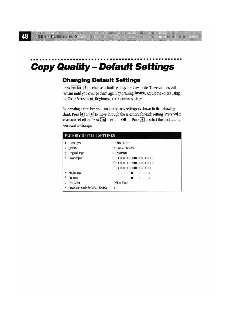 Copy quality - default settings, Changing default settings | Brother MFC7000FC User Manual | Page 56 / 147