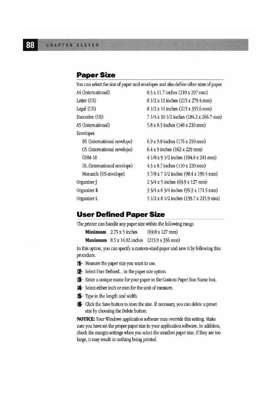 Paper size, User defined paper size | Brother MFC7000FC User Manual | Page 96 / 147