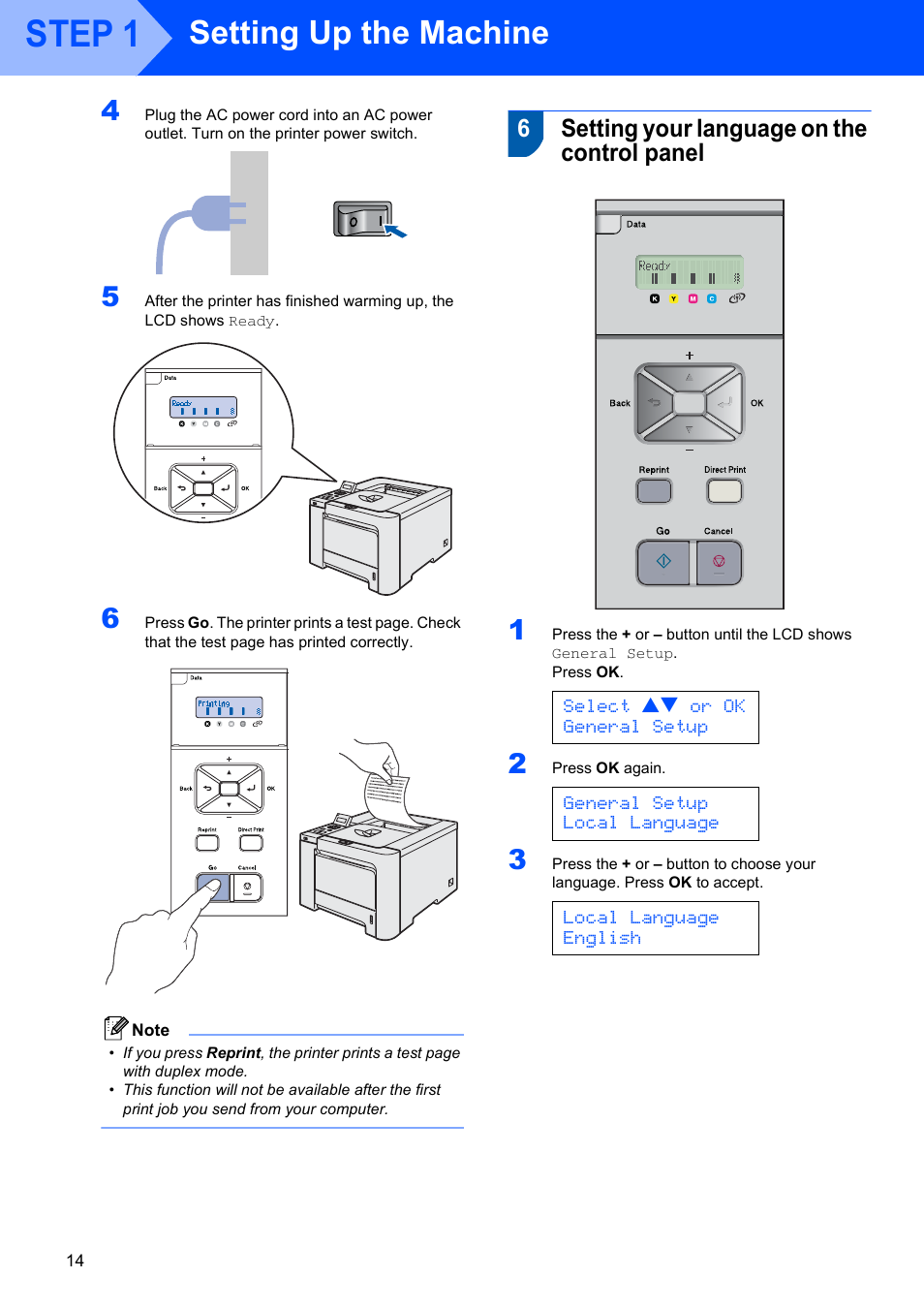 6 setting your language on the control panel, Setting your language on the control panel, Step 1 | Setting up the machine, 6setting your language on the control panel | Brother HL-4070CDW User Manual | Page 16 / 58