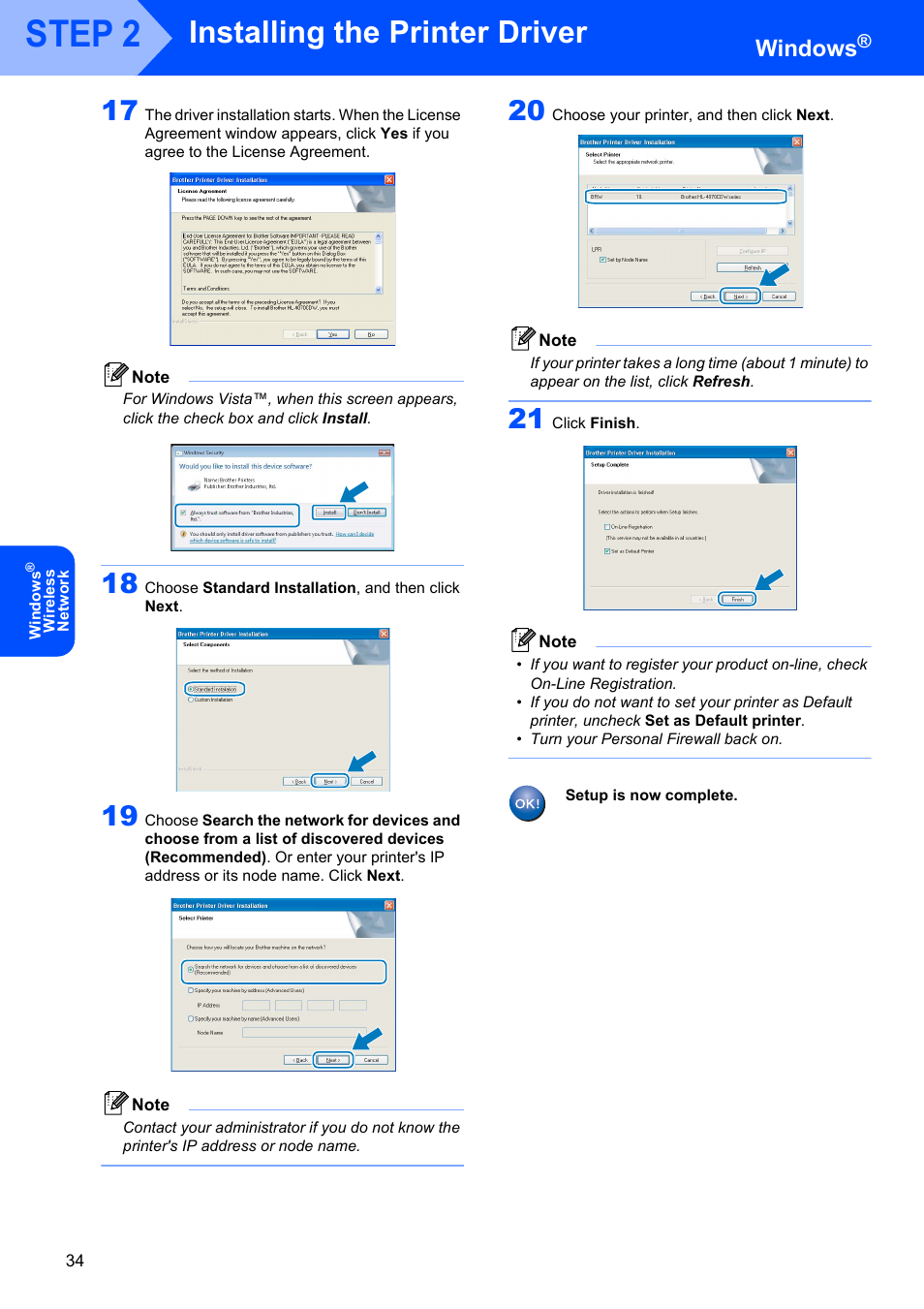 Step 2, Installing the printer driver, Windows | Brother HL-4070CDW User Manual | Page 36 / 58