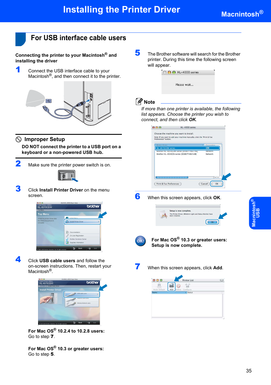 Macintosh, For usb interface cable users, Installing the printer driver | Macnintosh, Improper setup | Brother HL-4070CDW User Manual | Page 37 / 58
