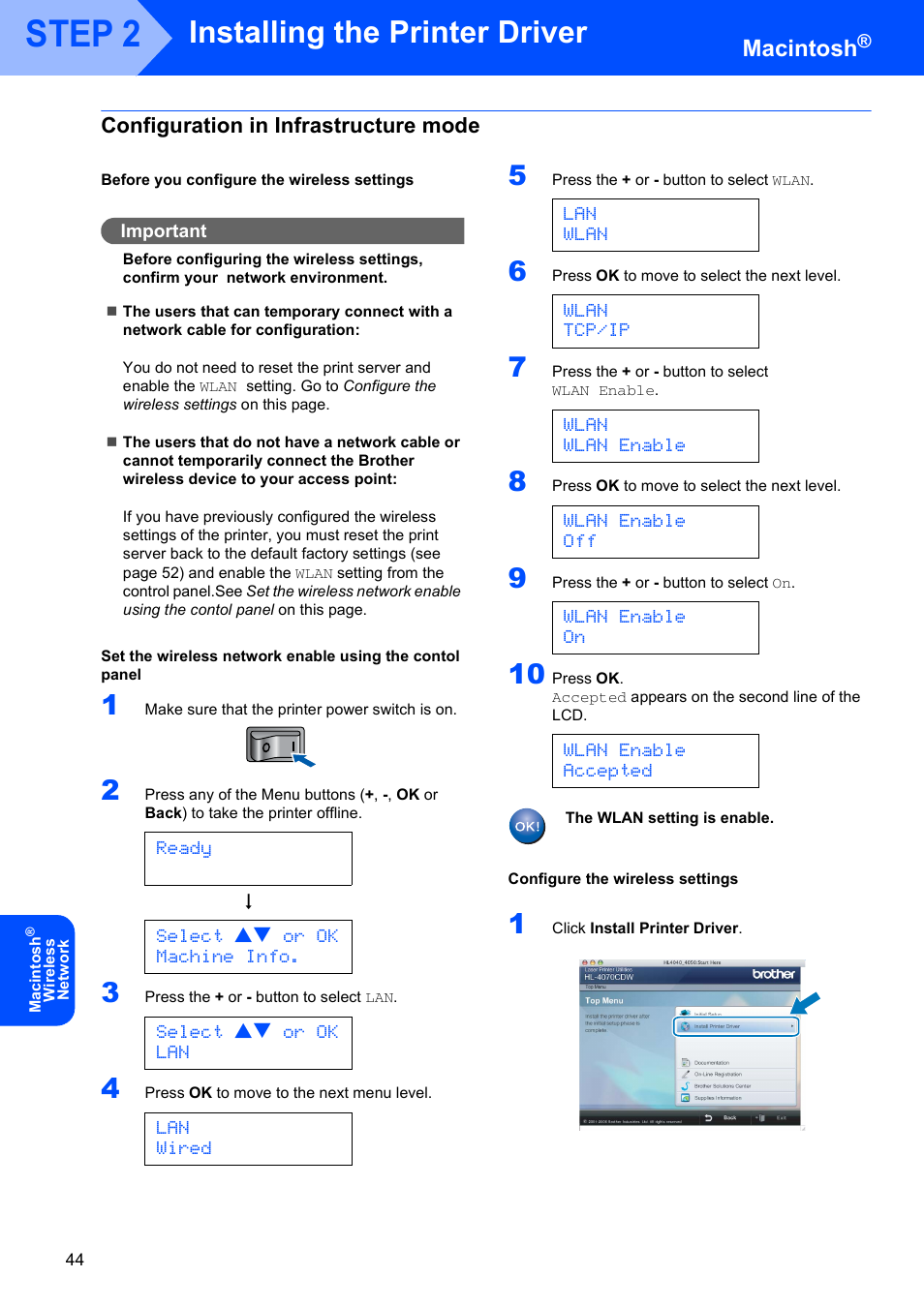 Configuration in infrastructure mode, Step 2, Installing the printer driver | Macintosh, Ready, Select ab or ok machine info, Select ab or ok lan, Lan wired, Lan wlan, Wlan tcp/ip | Brother HL-4070CDW User Manual | Page 46 / 58