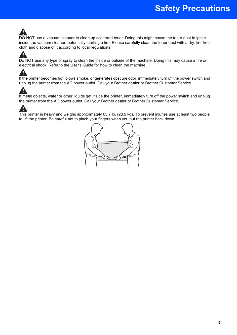 Safety precautions | Brother HL-4070CDW User Manual | Page 5 / 58
