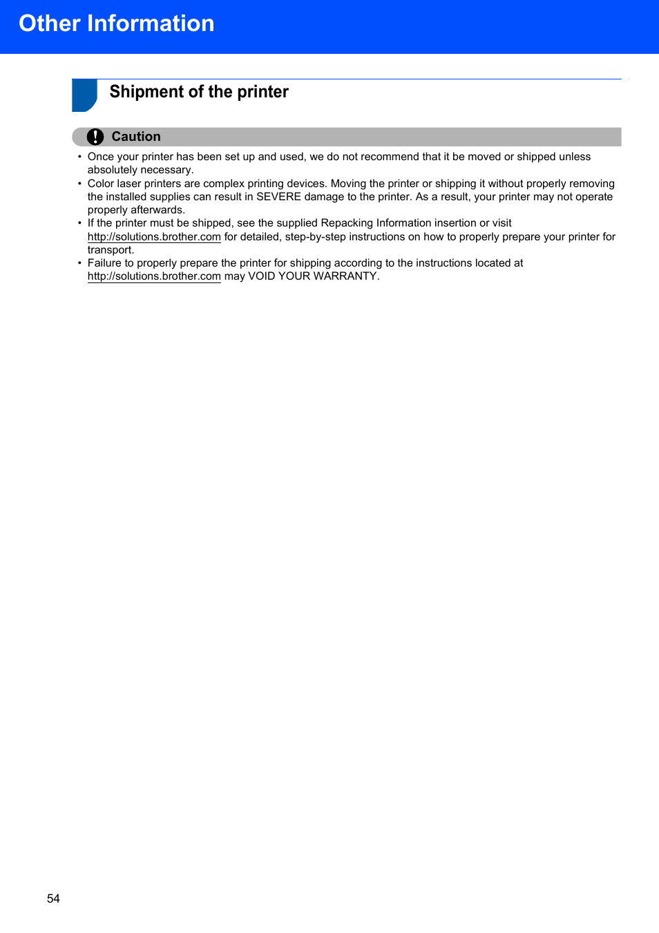 Other information, Shipment of the printer, Caution | Brother HL-4070CDW User Manual | Page 56 / 58