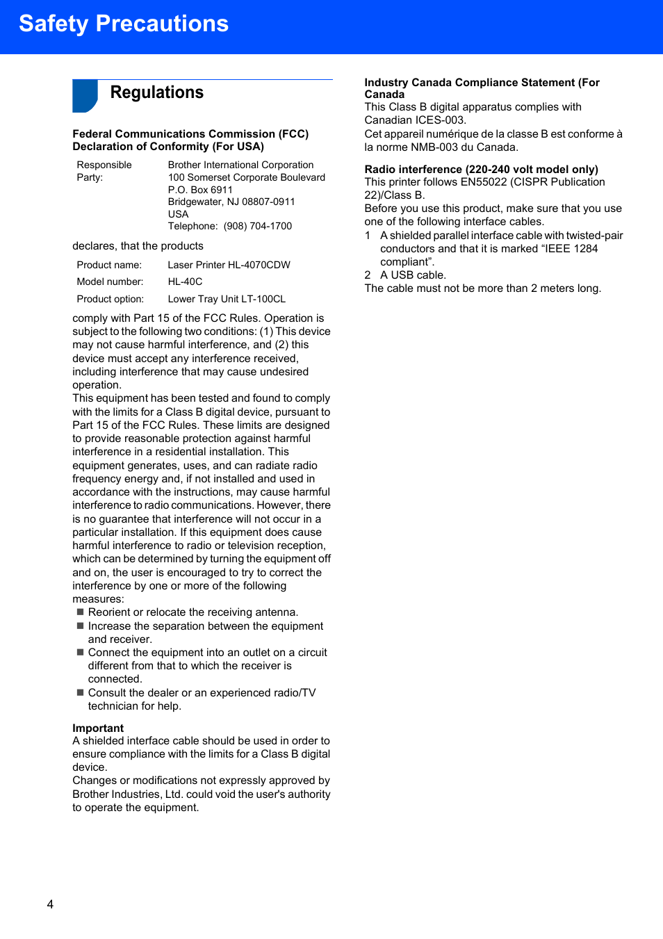 Regulations, Safety precautions | Brother HL-4070CDW User Manual | Page 6 / 58