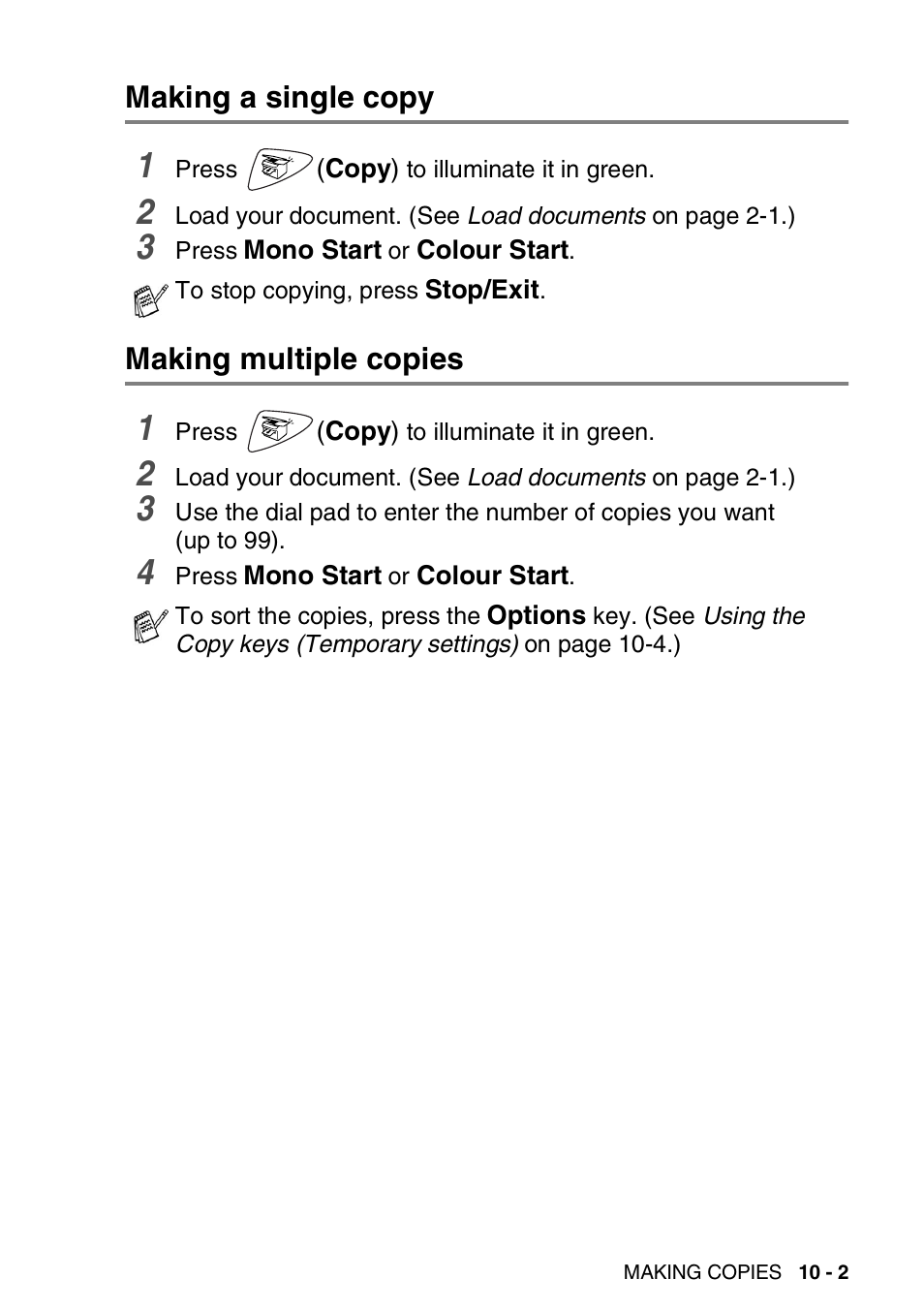 Making a single copy, Making multiple copies, Making a single copy -2 making multiple copies -2 | Brother FAX-1820C User Manual | Page 111 / 174
