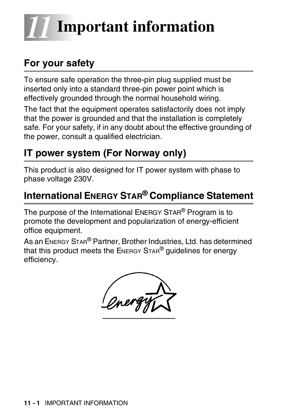 11 important information, For your safety, It power system (for norway only) | International energy star® compliance statement, Important information -1, Nergy, Compliance, Statement -1, Important information, International e | Brother FAX-1820C User Manual | Page 128 / 174