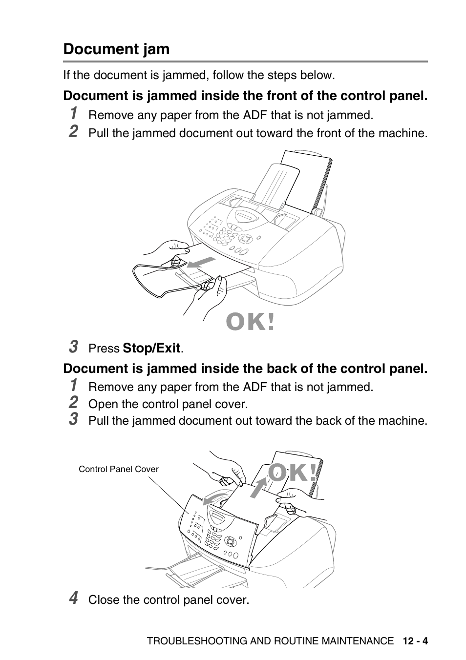 Document jam, Document jam -4, Document is jammed inside the front of | The control panel -4, Document is jammed inside the back of | Brother FAX-1820C User Manual | Page 135 / 174