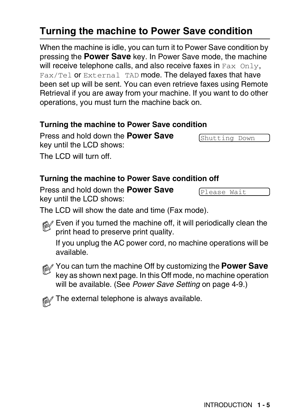 Turning the machine to power save condition, Turning the machine to power save condition -5 | Brother FAX-1820C User Manual | Page 19 / 174